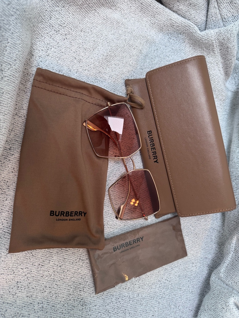 Burberry Rose Gold Square Sunglasses with Case & Accessories
